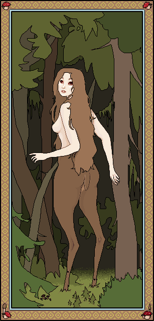 pixel art of naked deer-legged lady standing in the woods, decorative frame